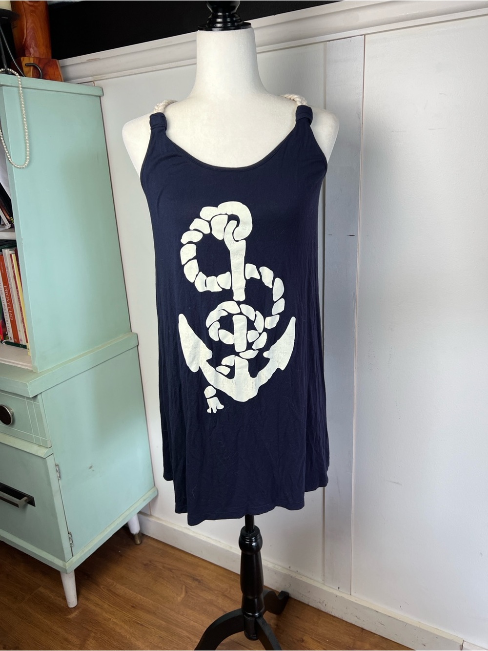 Navy Rope-Shoulder Anchor Graphic Tank Swim Cover up Dress